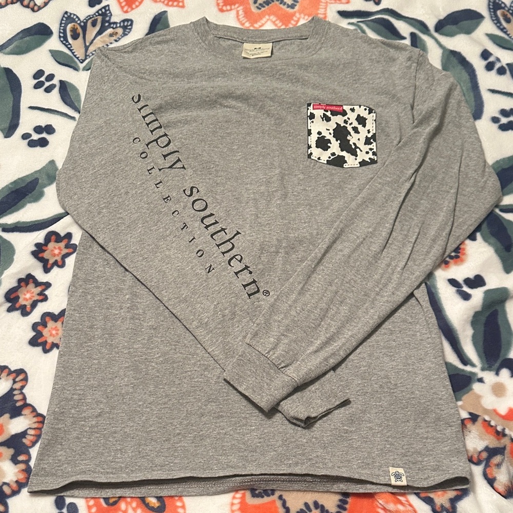 Simply Southern Gray Shirt with Cow Print Pocket